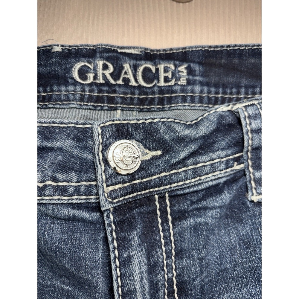 Grace in LA Embellished Patriotic Feather Pocket Jeans 32 Bootcut Y2K Raw Hem - Picture 2 of 16